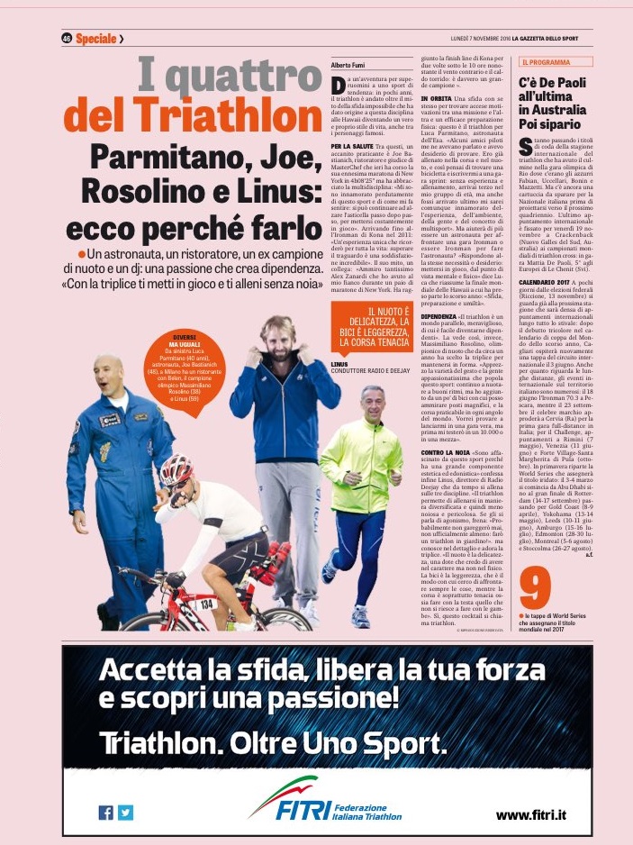 Oggi su La Gazzetta dello Sport "Passione Triathlon" con Parmitano, Bastianich, Linus e Rosolino!