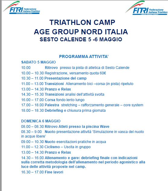 TRIATHLON CAMP AGE GROUP NORD ITALIA - SESTO CALENDE 5-6 MAGGIO 2018