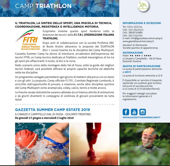 Triathlon Summer camp gazzetta 2019