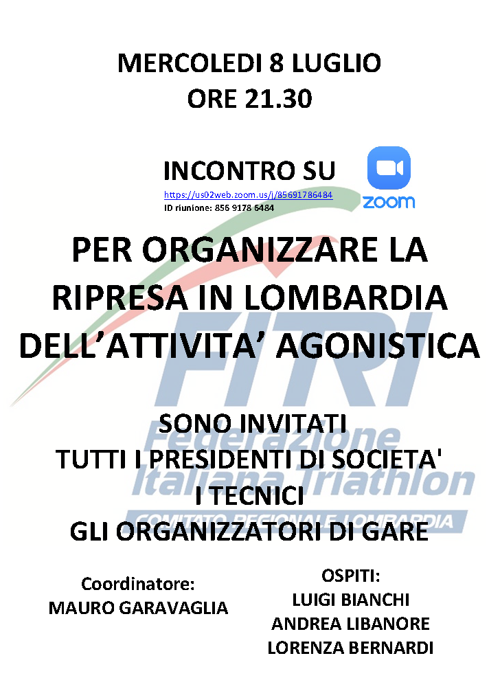 8 luglio - LA LOMBARDIA SI RIUNISCE PER ORGANIZZARE LA RIPRESA DELL'ATTIVITA' AGONISTICA